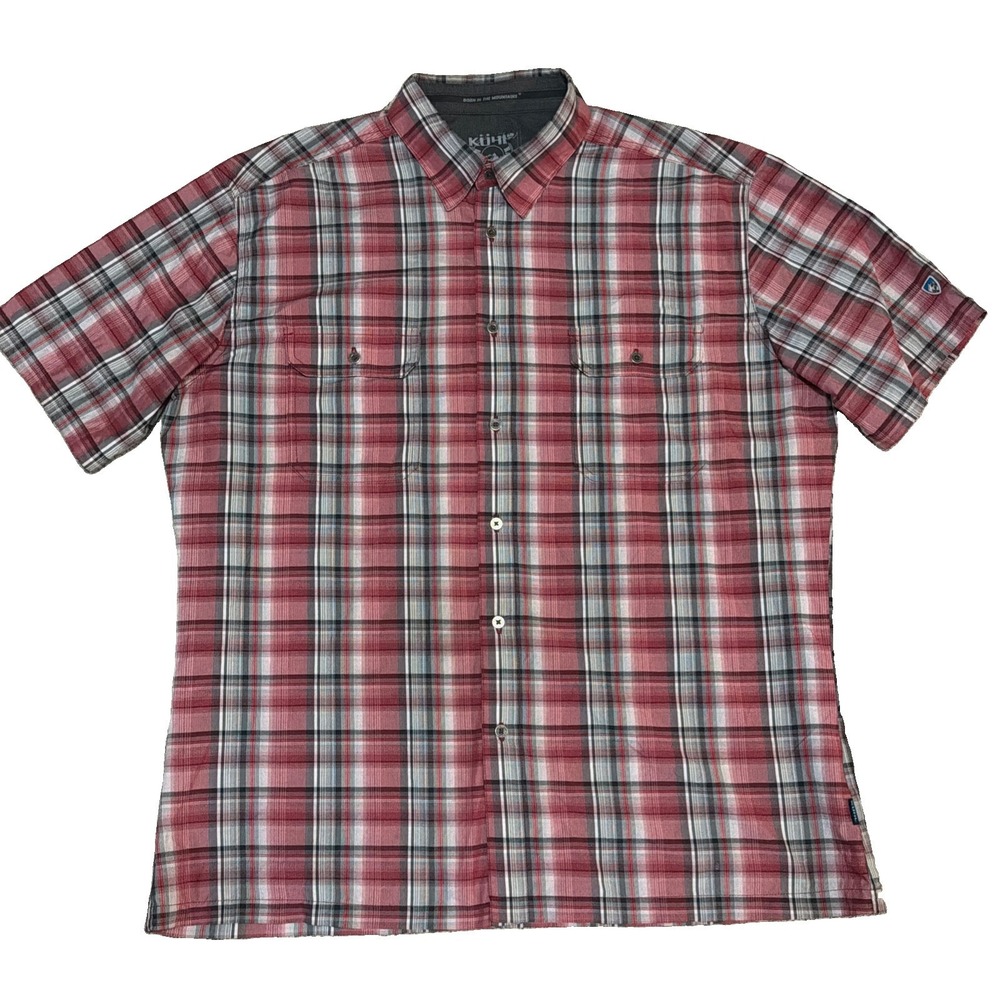 KUHL ELUXUR Men's Red Plaid Short Sleeve Shirt Size XL Metal Buttons Pockets